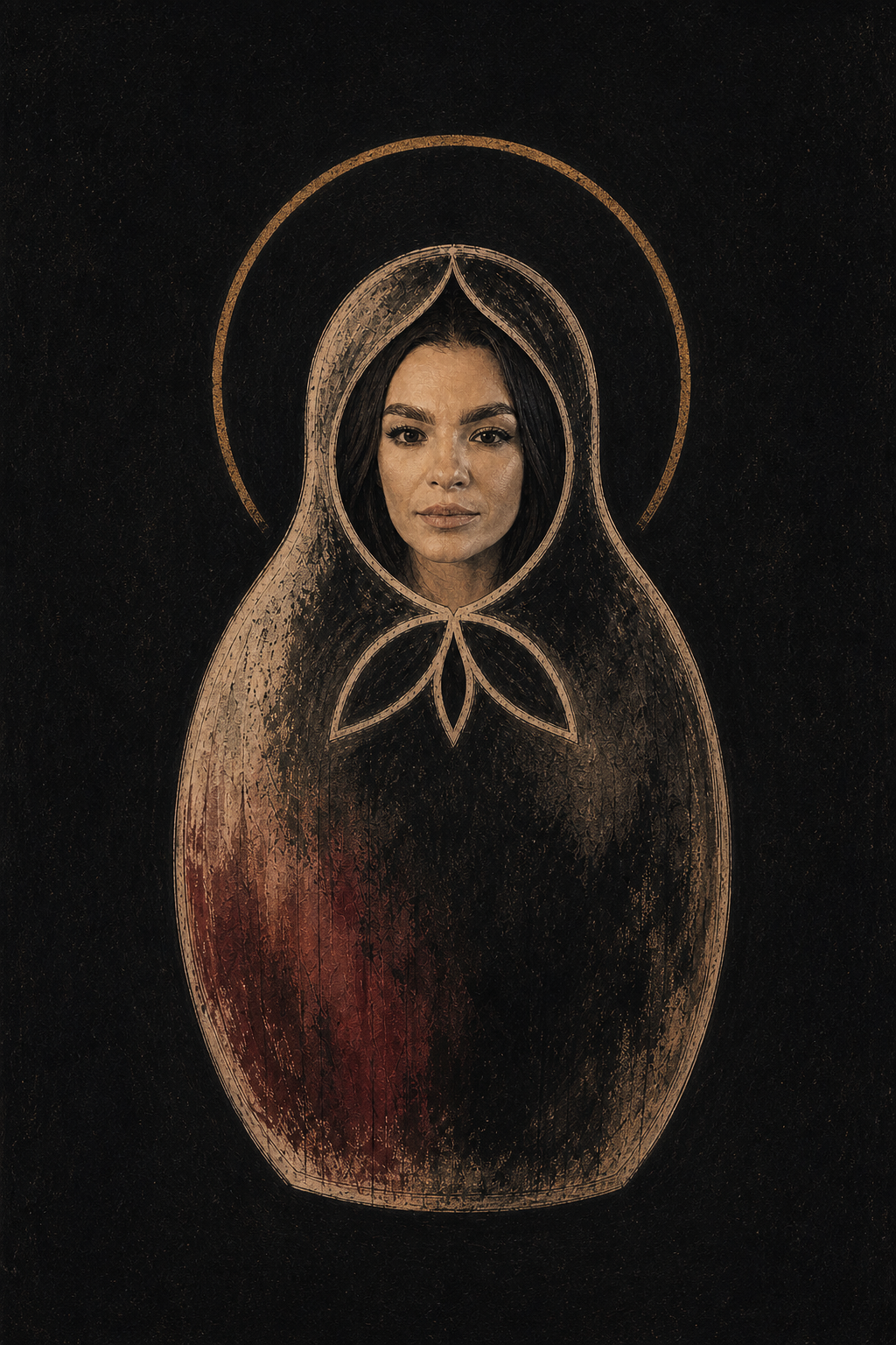 A mixed-media portrait of BABUSHKA within her matryoshka symbol